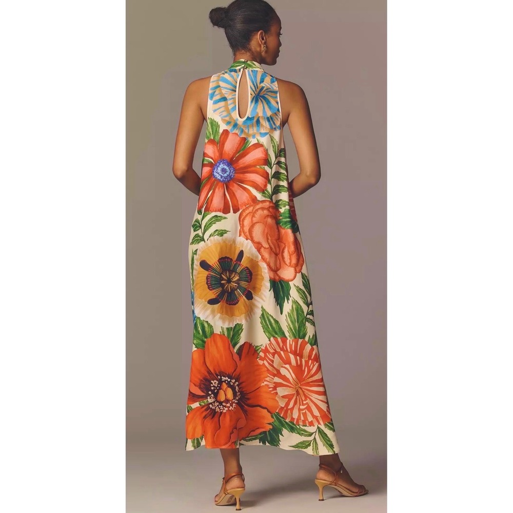 Farm Rio for Anthropologie Floral Halter Maxi Dress Womens Size S Resort Luxe - Picture 2 of 8